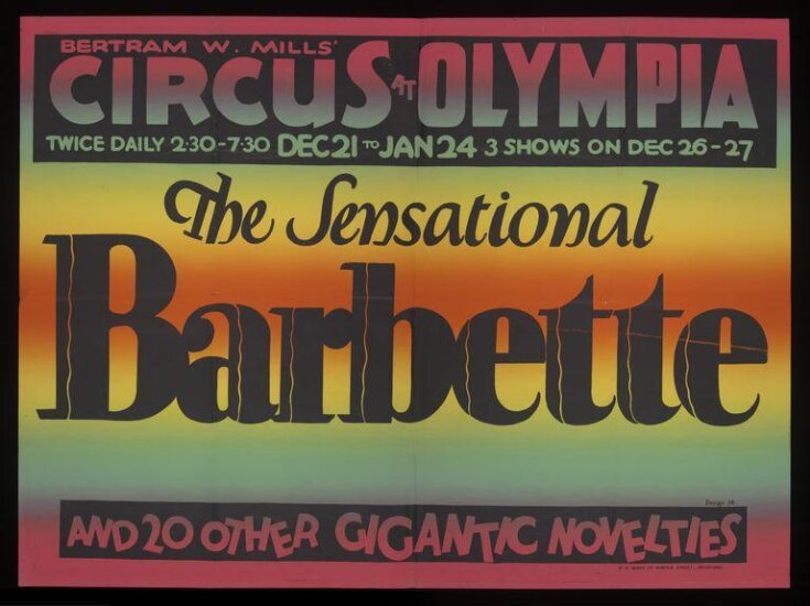 Poster advertising Bertram Mills Circus featuring The Sensational Barbette, Olympia, 1927 to 1928 top image