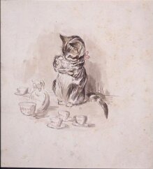 A cat drinking from a cup and saucer thumbnail 1