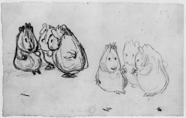 Studies for two scenes in a picture story: 'the perfidious friend assures the guinea pig it "won't hurt"', and 'the guinea pig has doubts' top image