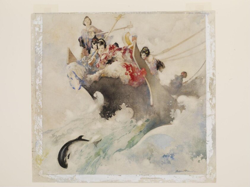 Japanese girls in the prow of a boat chasing a flying fish