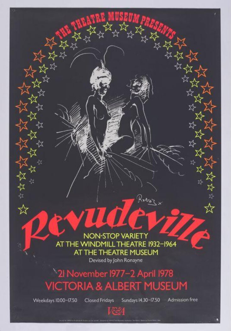 Poster advertising the exhibition <i>Revuedeville, non-Stop Variety at the Windmill Theatre, 1932-1964</i> at Theatre Museum, Victoria and Albert Museum, London, 1977 image