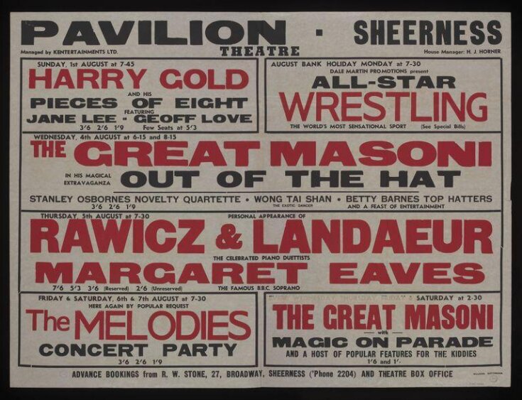 Poster advertising the programme at the Pavilion Theatre Sheerness, week commencing 1st August 1954 image