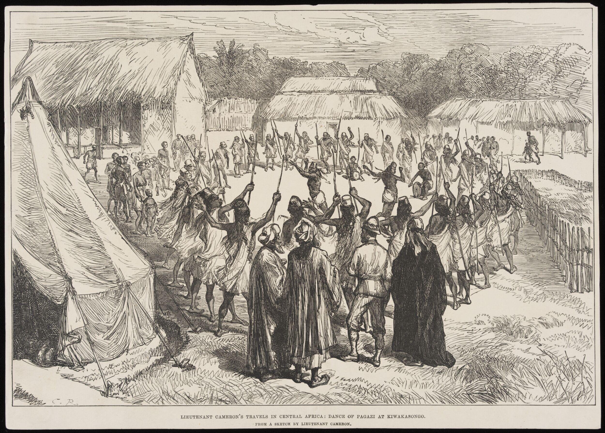 Lieutenant Cameron's Travels in Central Africa: dance of Pagazi at Kiwakasongo by Verney Lovett Cameron