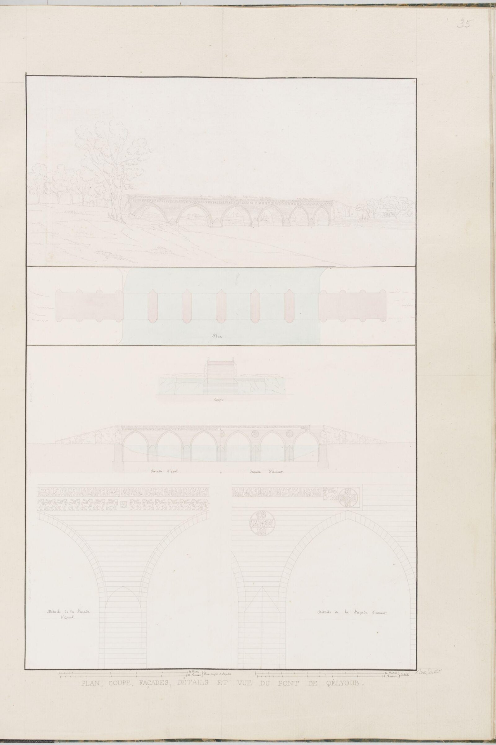 Plan, Coupe, Façades, Détails Et Vue Du Pont De Qélyoub, Pascal-Xavier Coste, 1818-1822