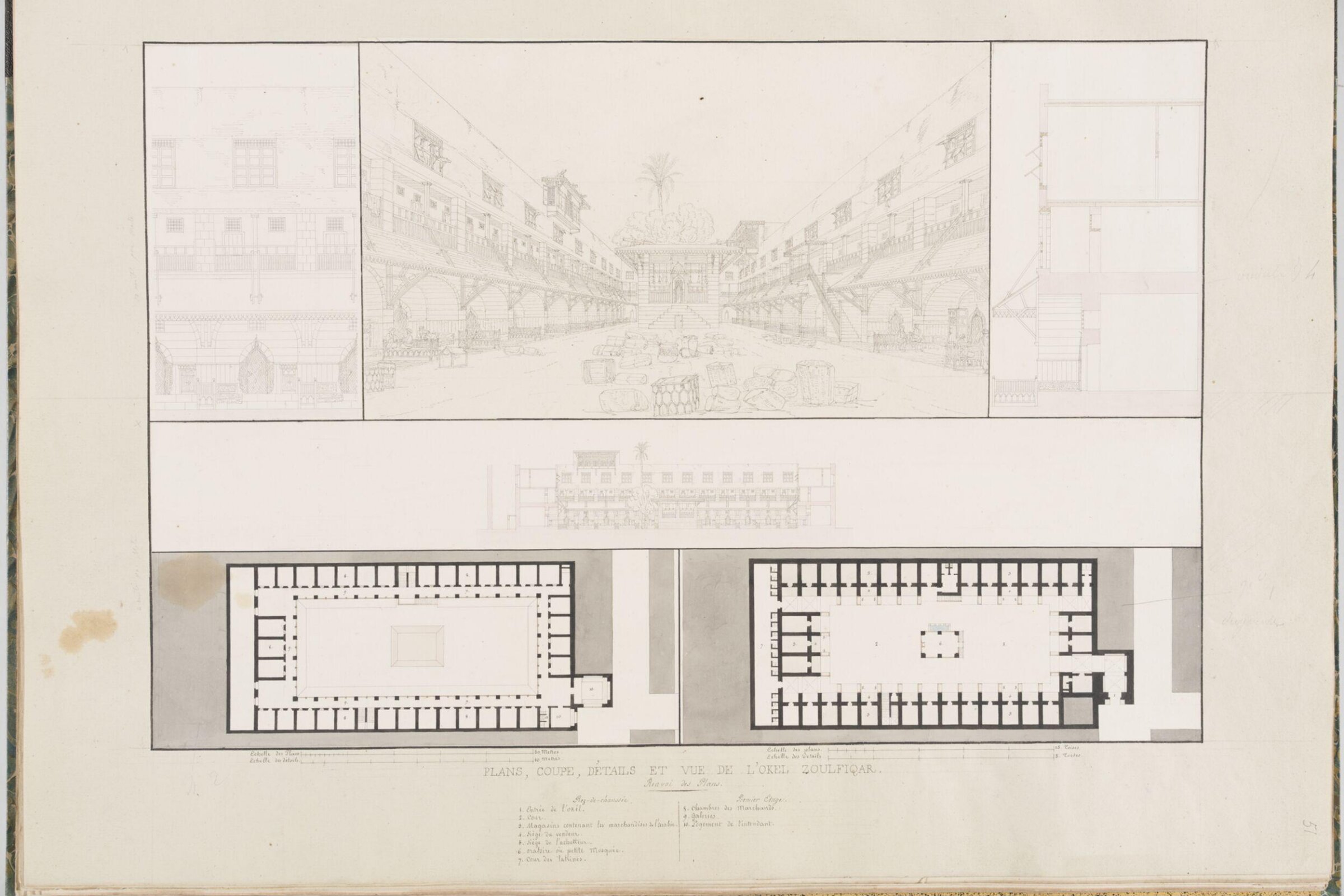 Plans, Coupe, Détails Et Vue De L'Okel Zoulfiqar, Pascal-Xavier Coste, 1818-1822