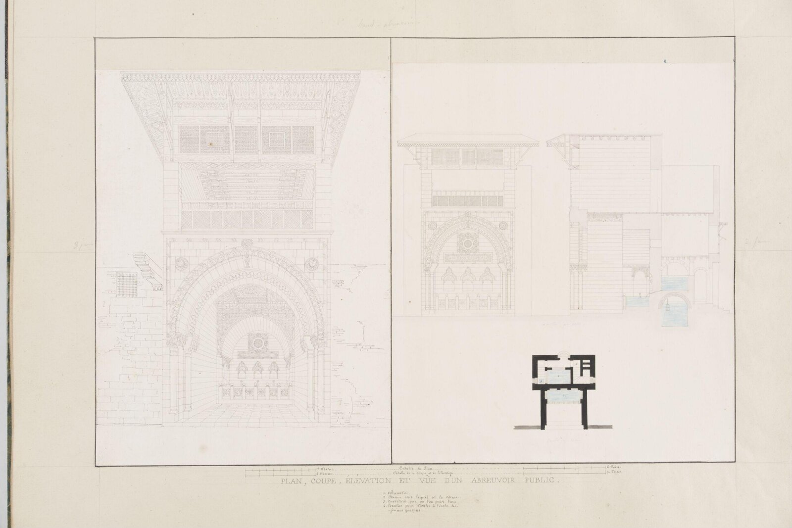 Plan, Coupe, Élévation Et Vue Dun Abreuvoir Public, Pascal-Xavier Coste, 1818-1822