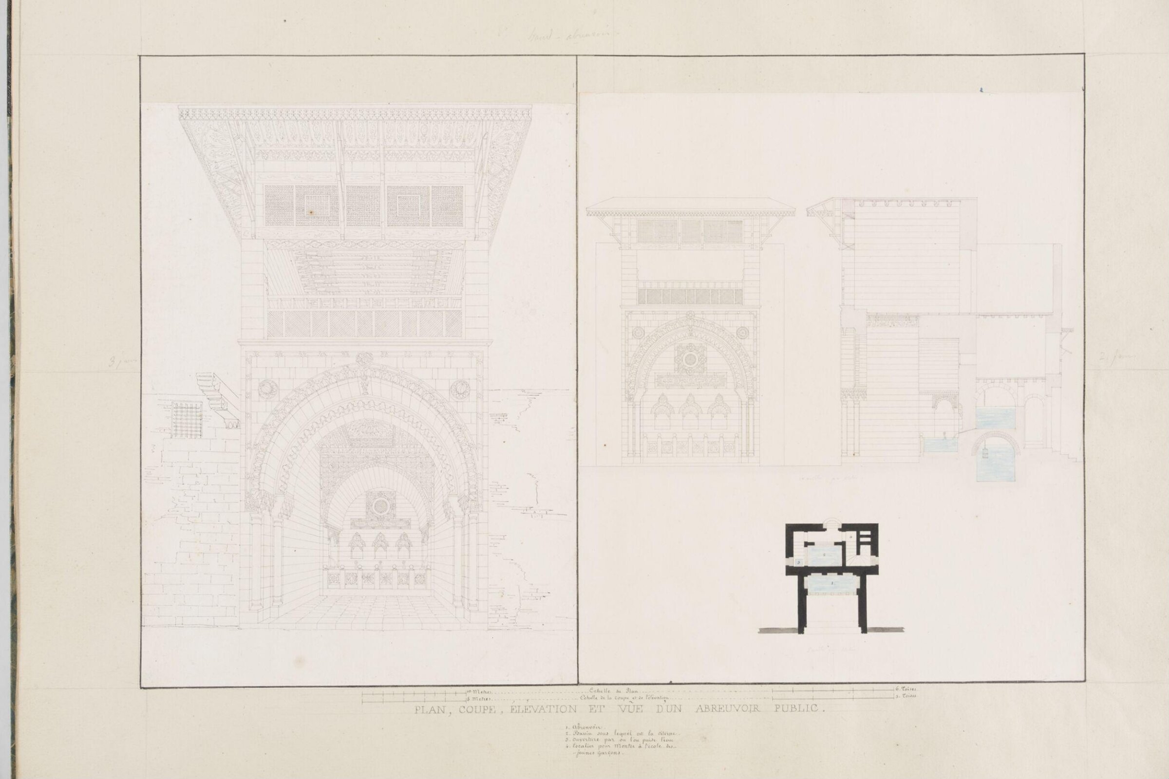 Plan, Coupe, Élévation Et Vue Dun Abreuvoir Public, Pascal-Xavier Coste, 1818-1822