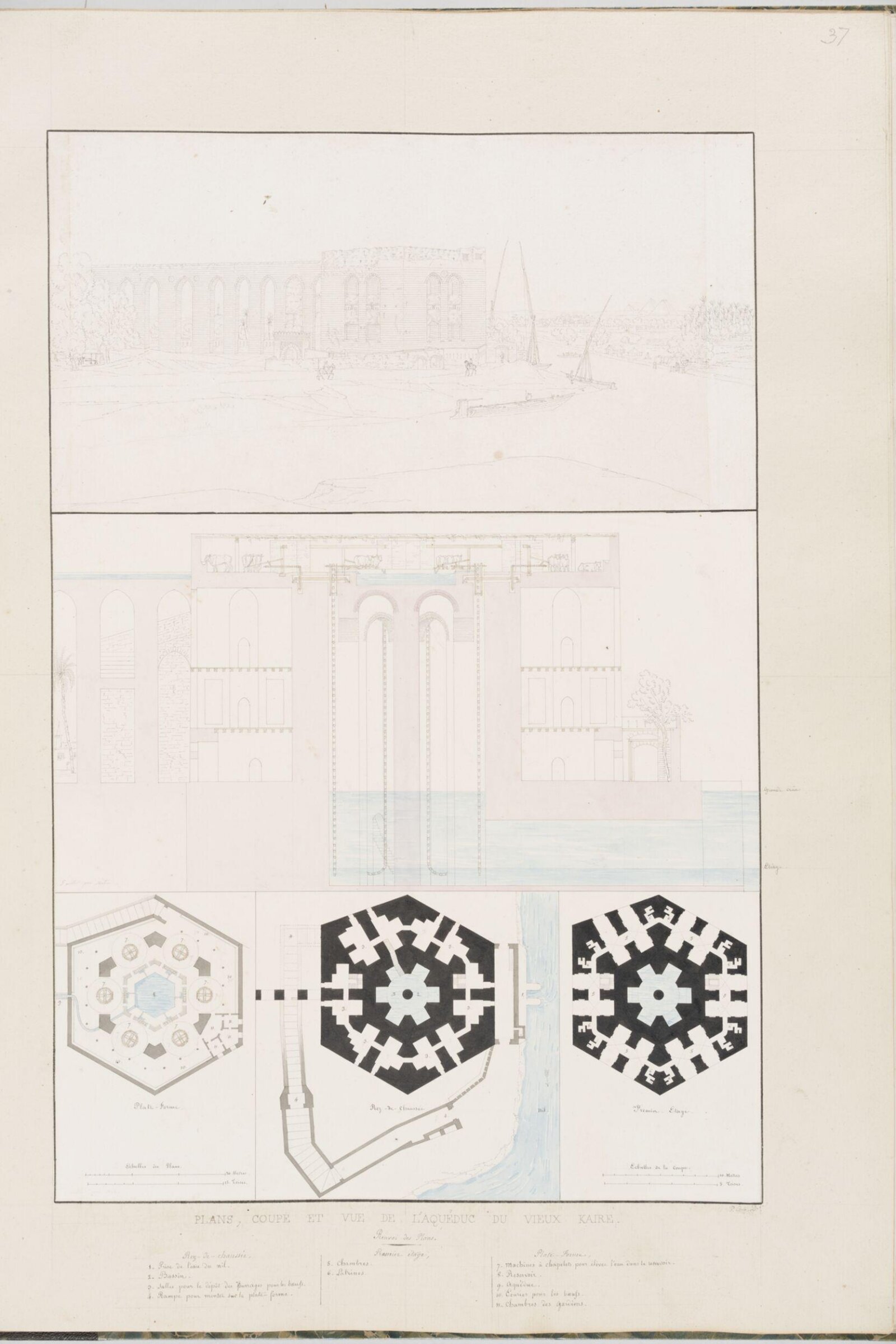 Plans, Coupe Et Vue De LAquéduc Du Vieux Kaire, Pascal-Xavier Coste, 1818-1822
