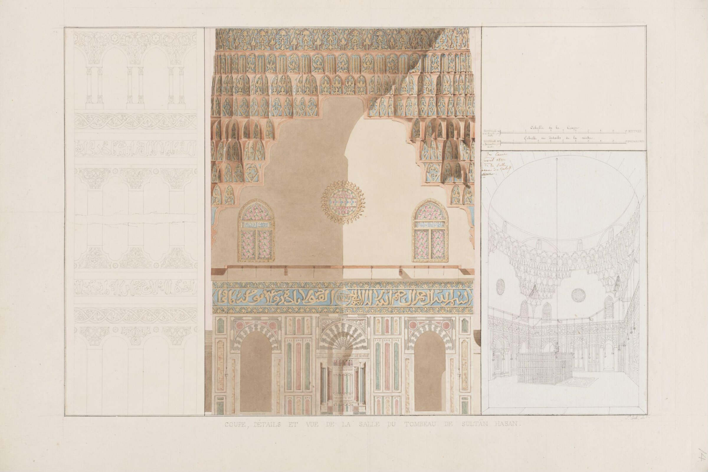Coupe, Détails Et Vue De La Salle Du Tombeau De Sultan Hasan, Pascal-Xavier Coste, 1818-1822