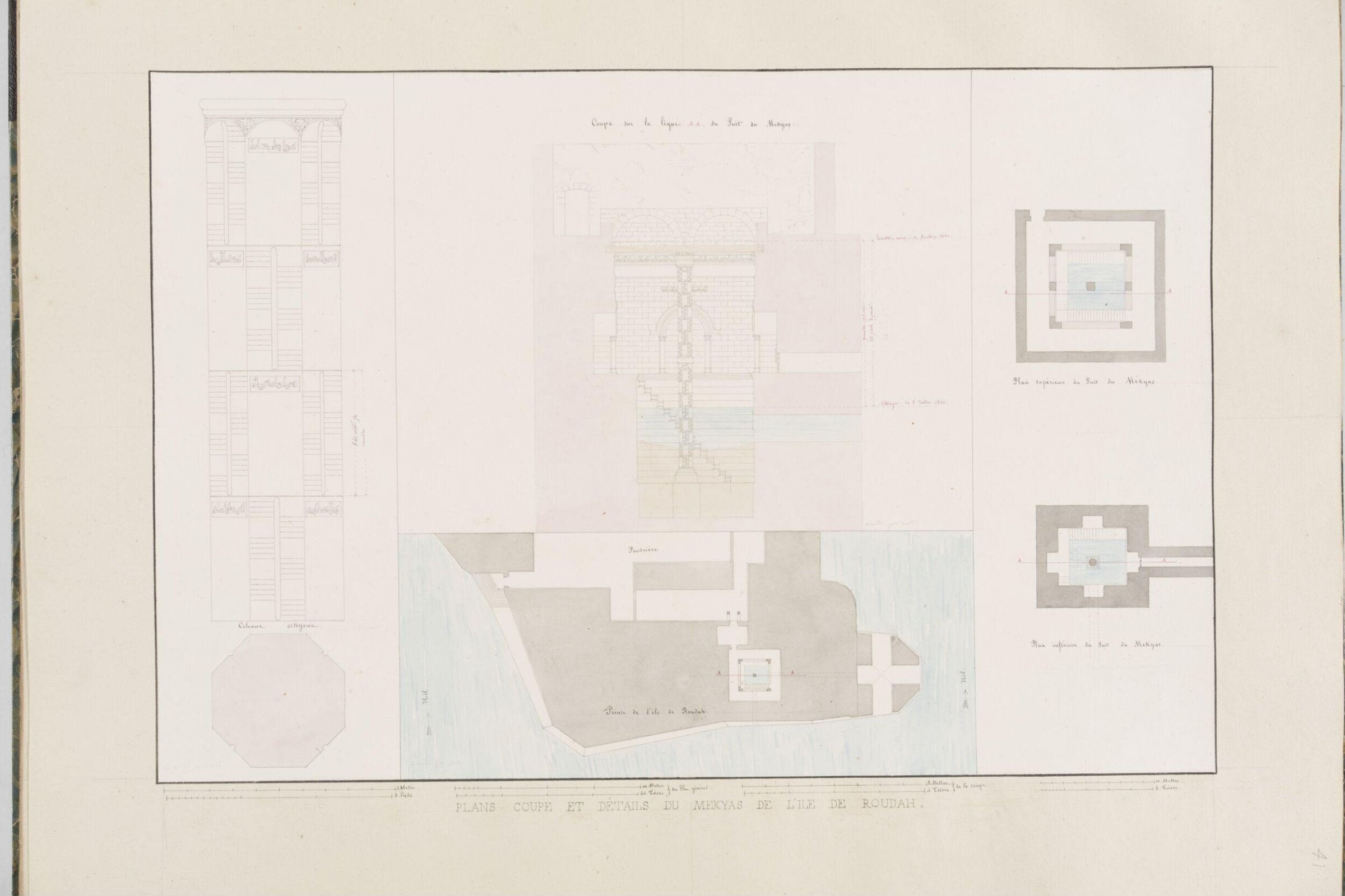Plans Coupe Et Détails Du Mekyas De LIle De Roudah, Pascal-Xavier Coste, 1818-1822