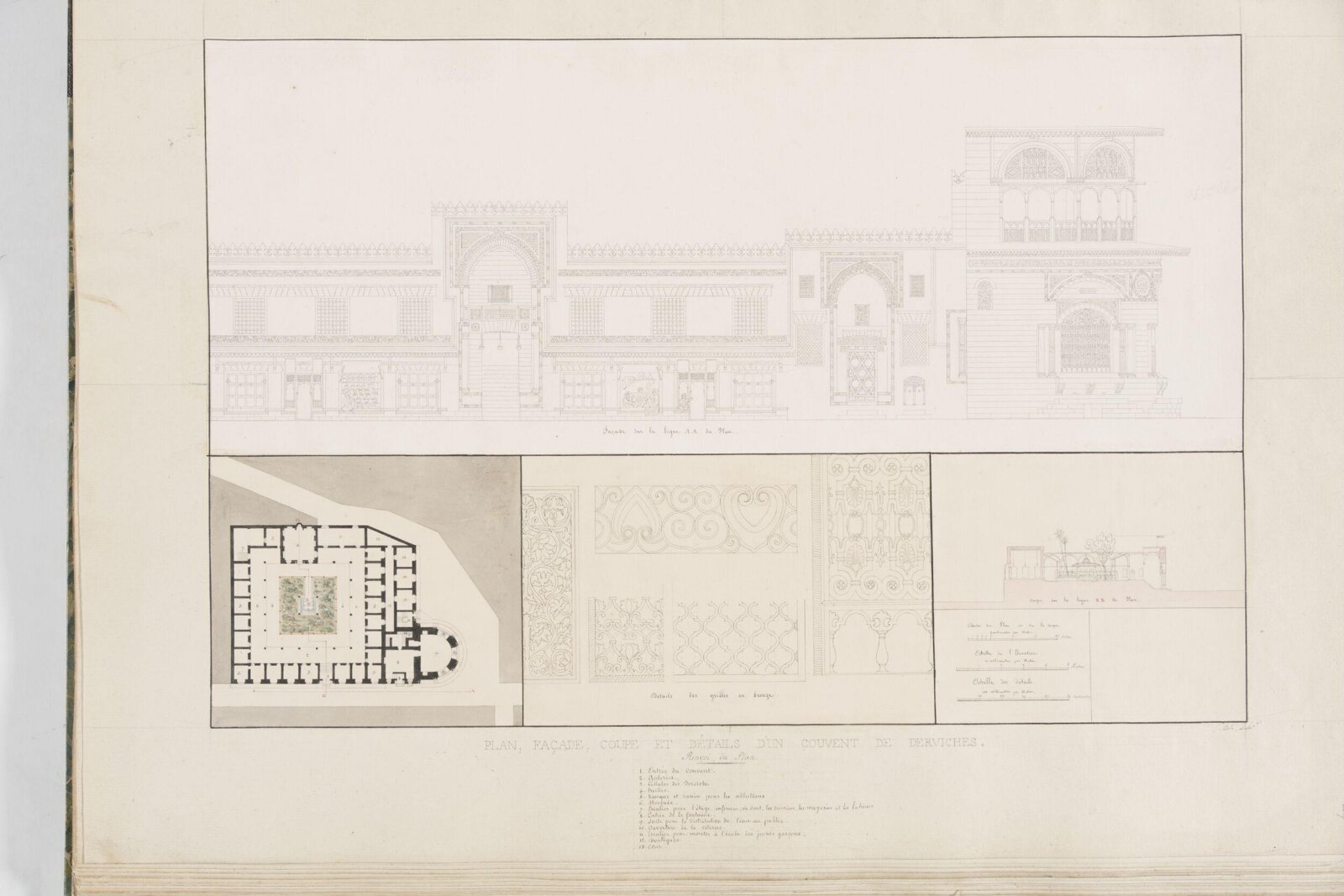 Plan, Façade, Coupe Et Détails Dun Couvent De Derviches, Pascal-Xavier Coste, 1818-1822