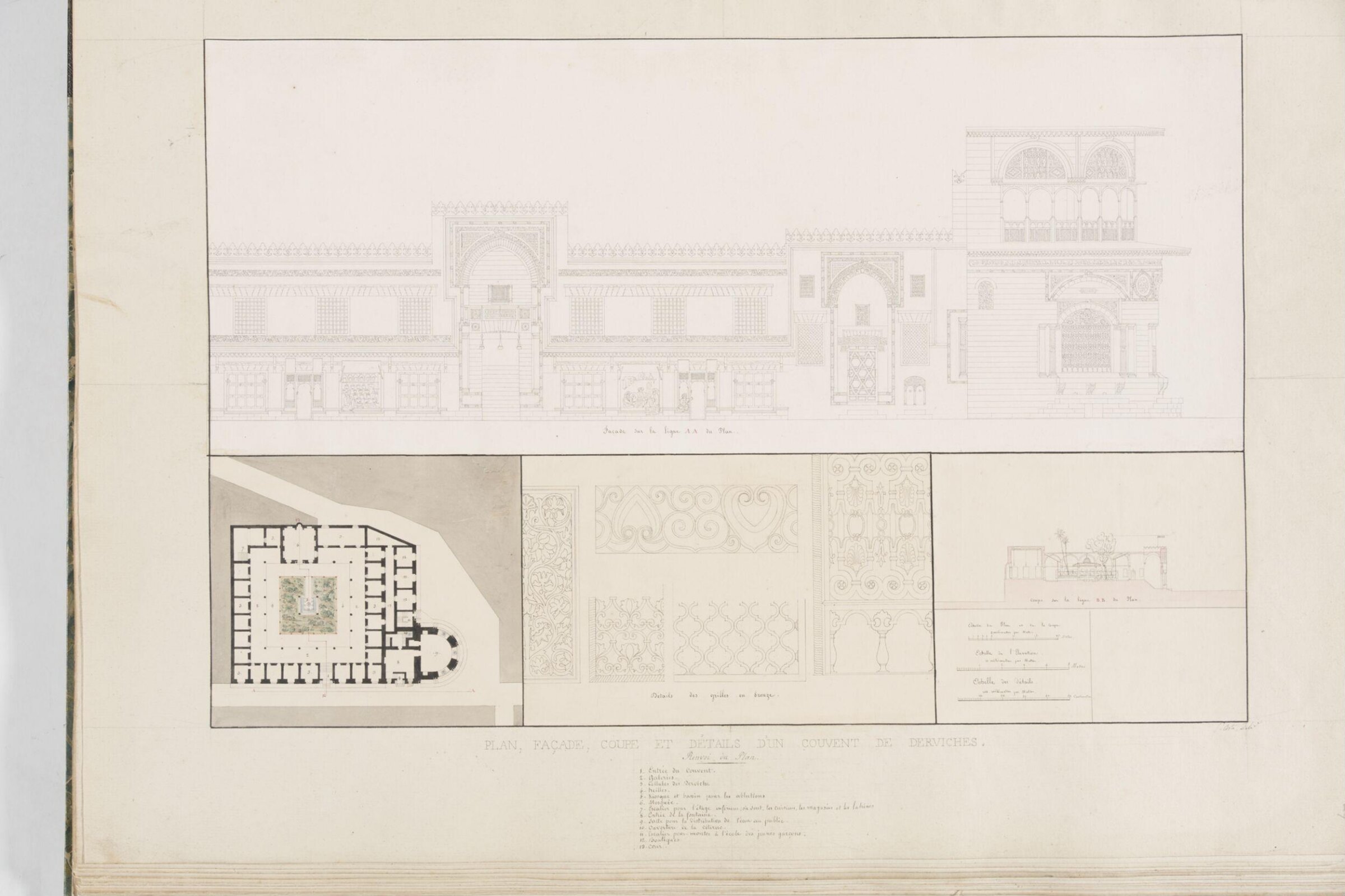 Plan, Façade, Coupe Et Détails Dun Couvent De Derviches, Pascal-Xavier Coste, 1818-1822