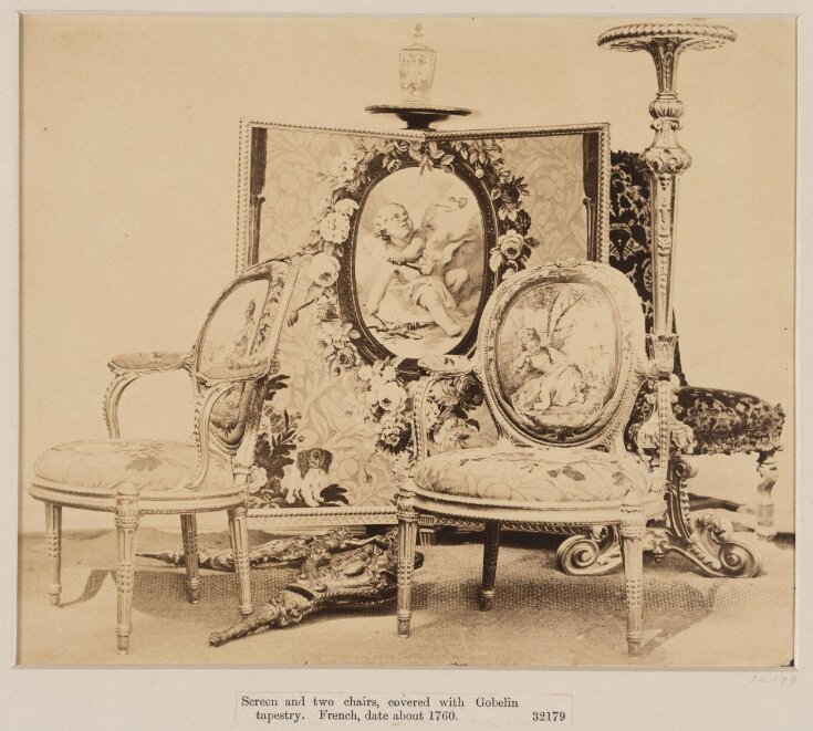 Screen and two chairs, covered with Gobelin tapestry, French about 1760 top image