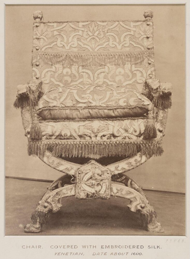 Chair, covered with embroidered silk, Venetian, about 1600 top image