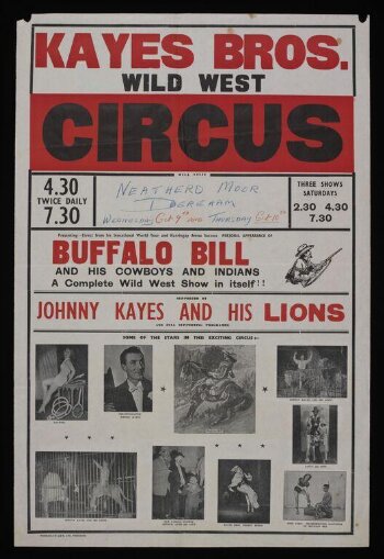 Tour poster advertising Kayes Brothers Wild West Circus, Dereham, 9th October, possibly 1957