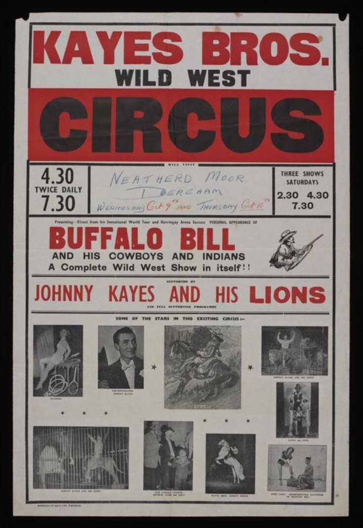 Tour poster advertising Kayes Brothers Wild West Circus, Dereham, 9th October, possibly 1957 image