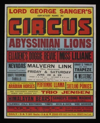 Tour poster advertising  Lord George Sanger's Circus, Malvern Link, 1957