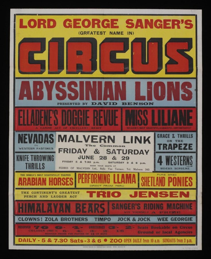 Tour poster advertising Lord George Sanger's Circus, Malvern Link, 1957 ...