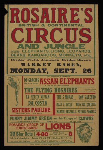 Tour poster advertising Rosaire's British and Continental Circus and Jungle appearing in Market Rasen, Monday 26th September, possibly 1949