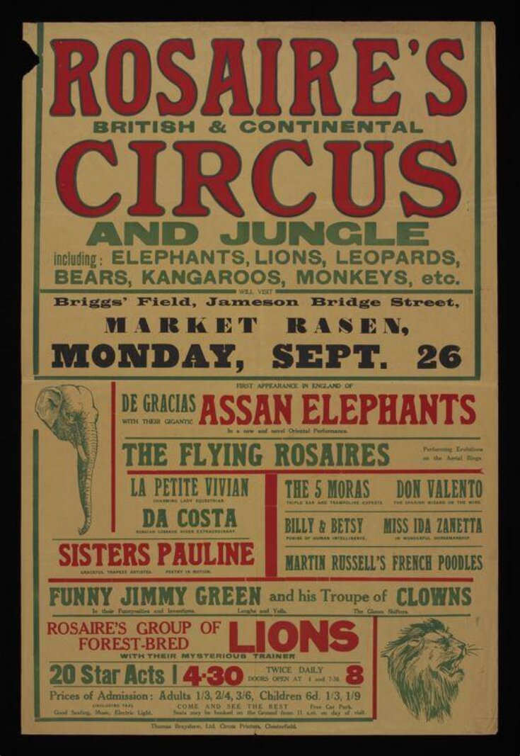 Tour poster advertising Rosaire's British and Continental Circus and Jungle appearing in Market Rasen, Monday 26th September, possibly 1949 image