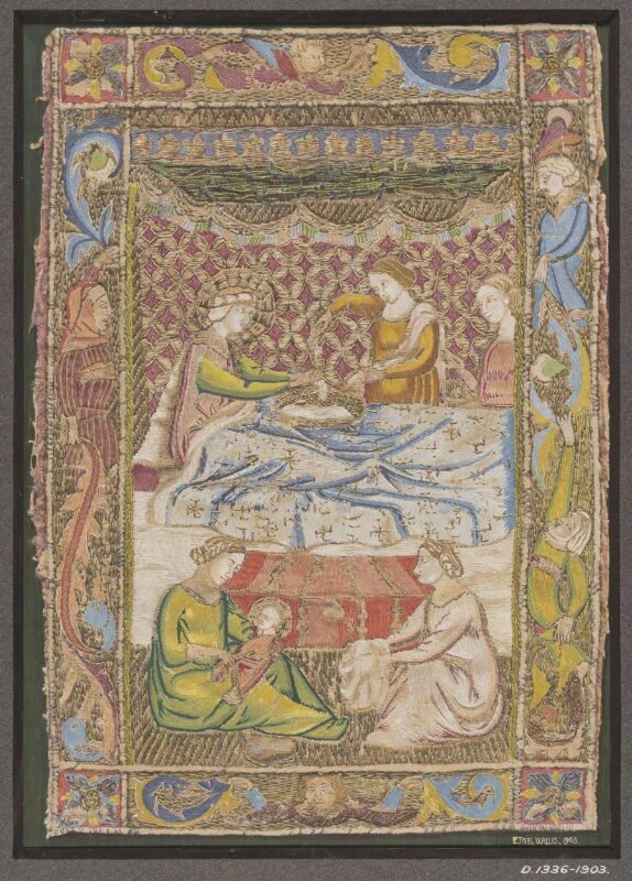 Painted photograph of an embroidered linen panel