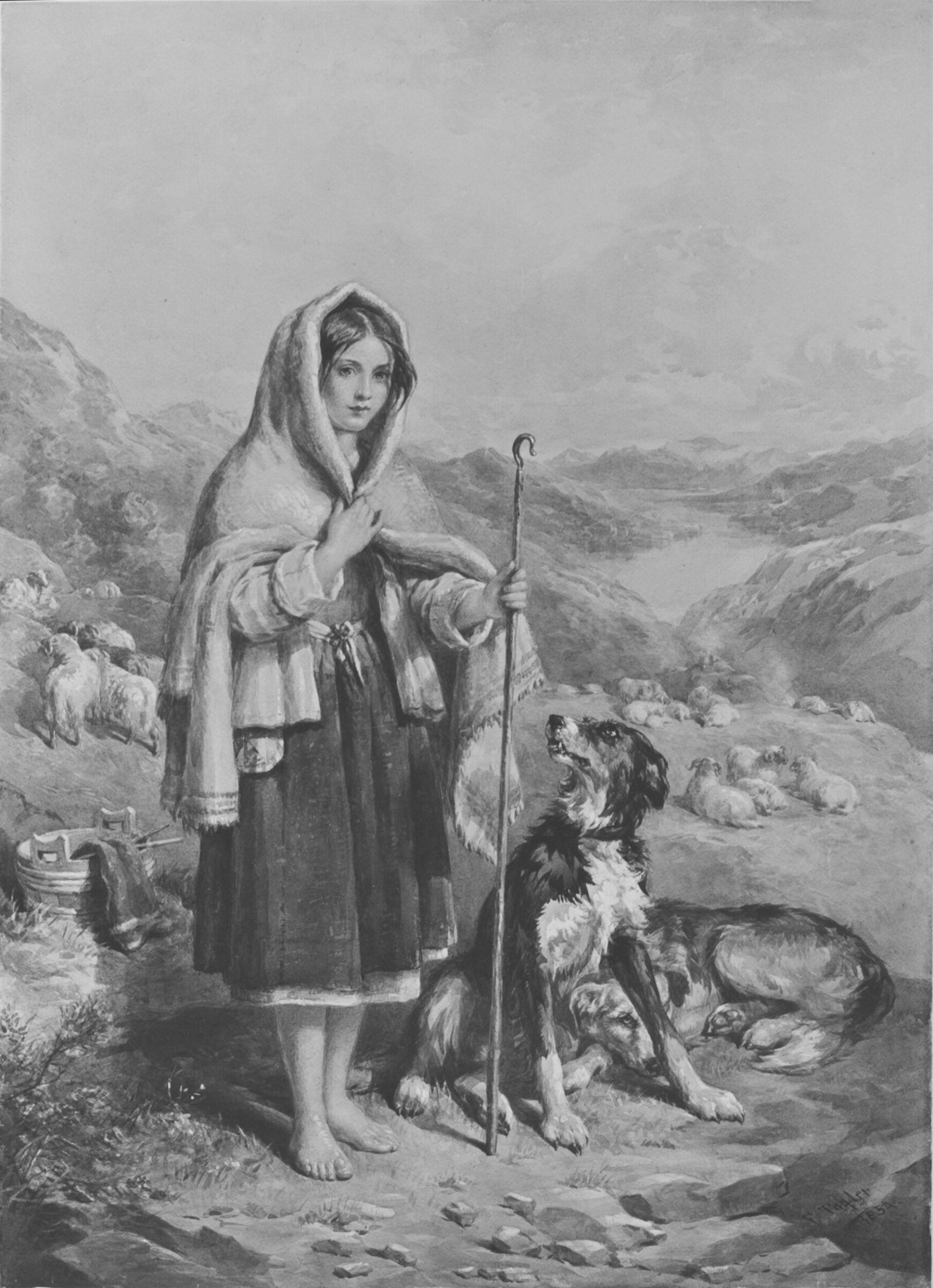 Highland scene with a young shepherd girl tending sheep, Tayler, 1854