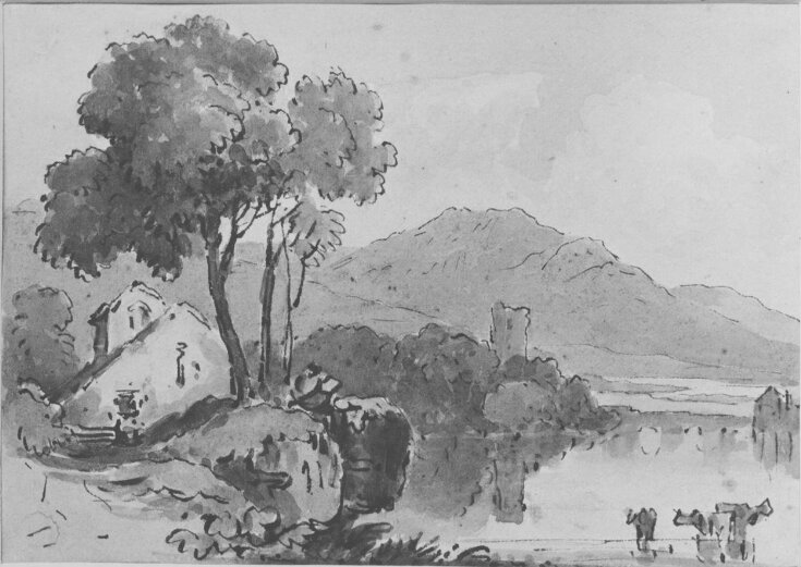 Watercolour landscape with cows in a lake top image