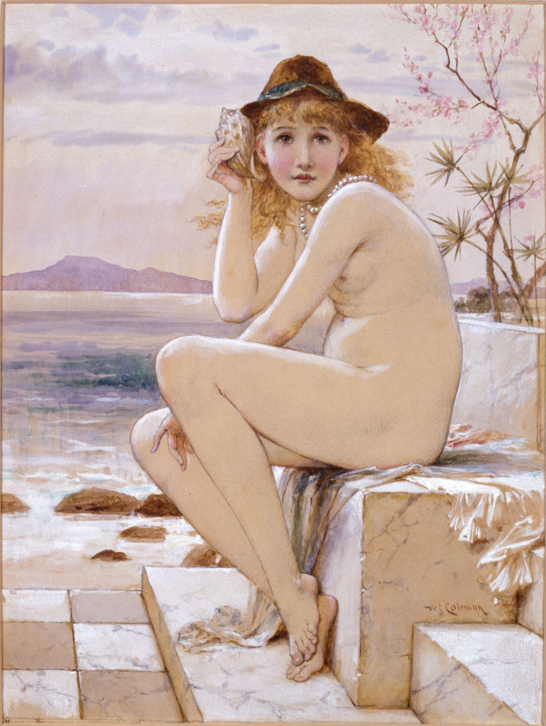 Christmas card with nude girl seated by the sea-shore, Coleman, ca. 1880