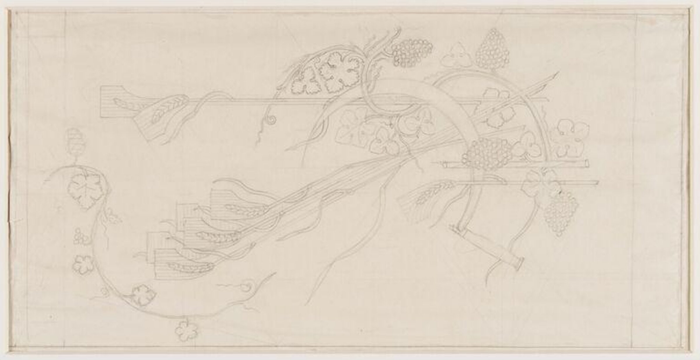Preliminary design for a carpet, with autumnal motifs of a sickle, ears of wheat and barley, and a fruiting grape vine. c.1934., Maxwell Armfield