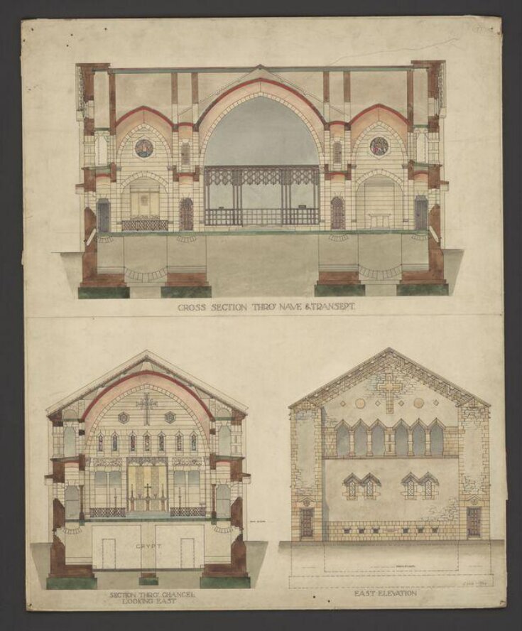 Cross-section through nave and transept ; east elevation ; section through chancel looking east. top image