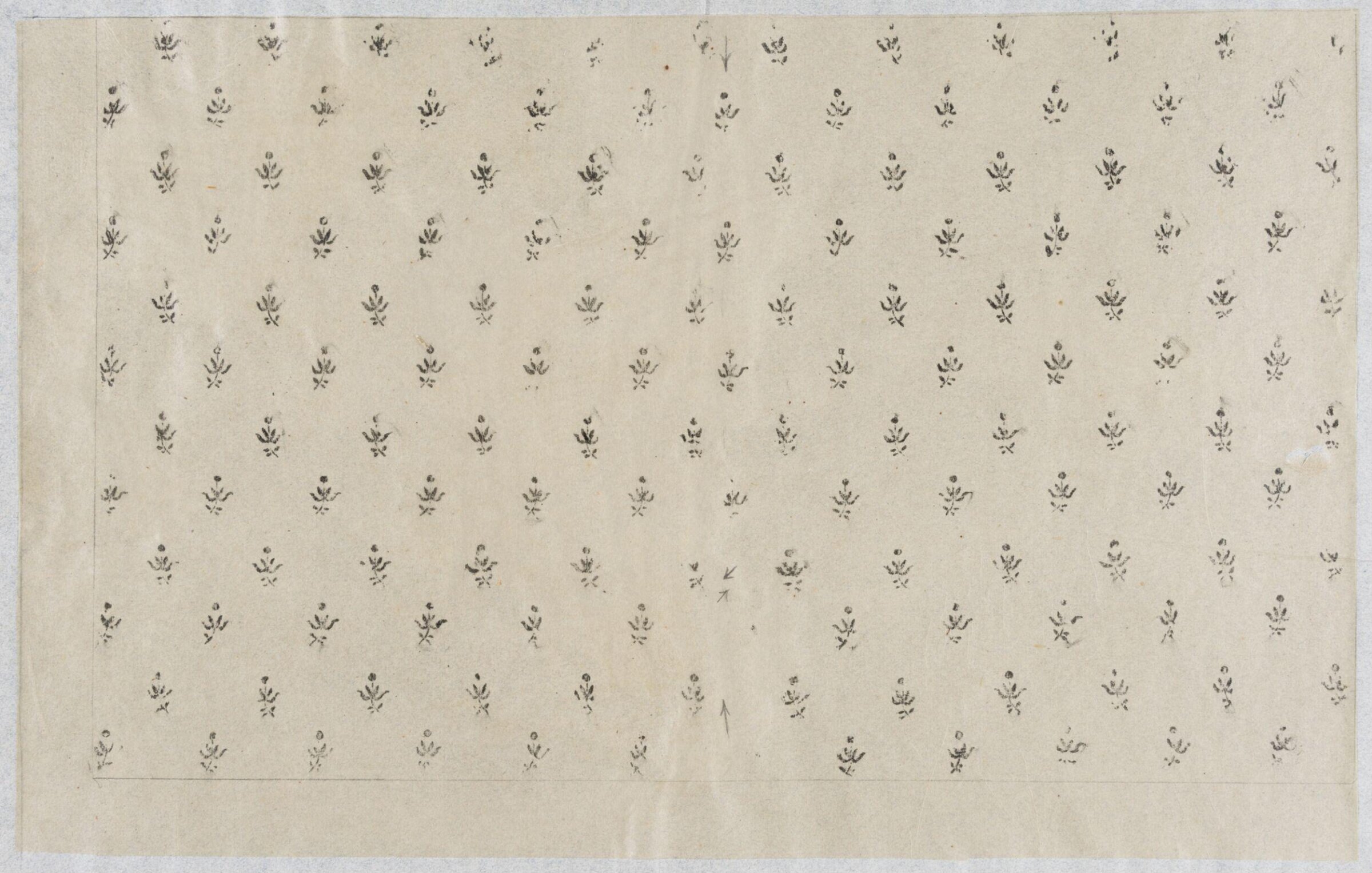 Impression from a wooden printing block, showing stylized plants with a blossom., Albert Edward Hayes, 19th century