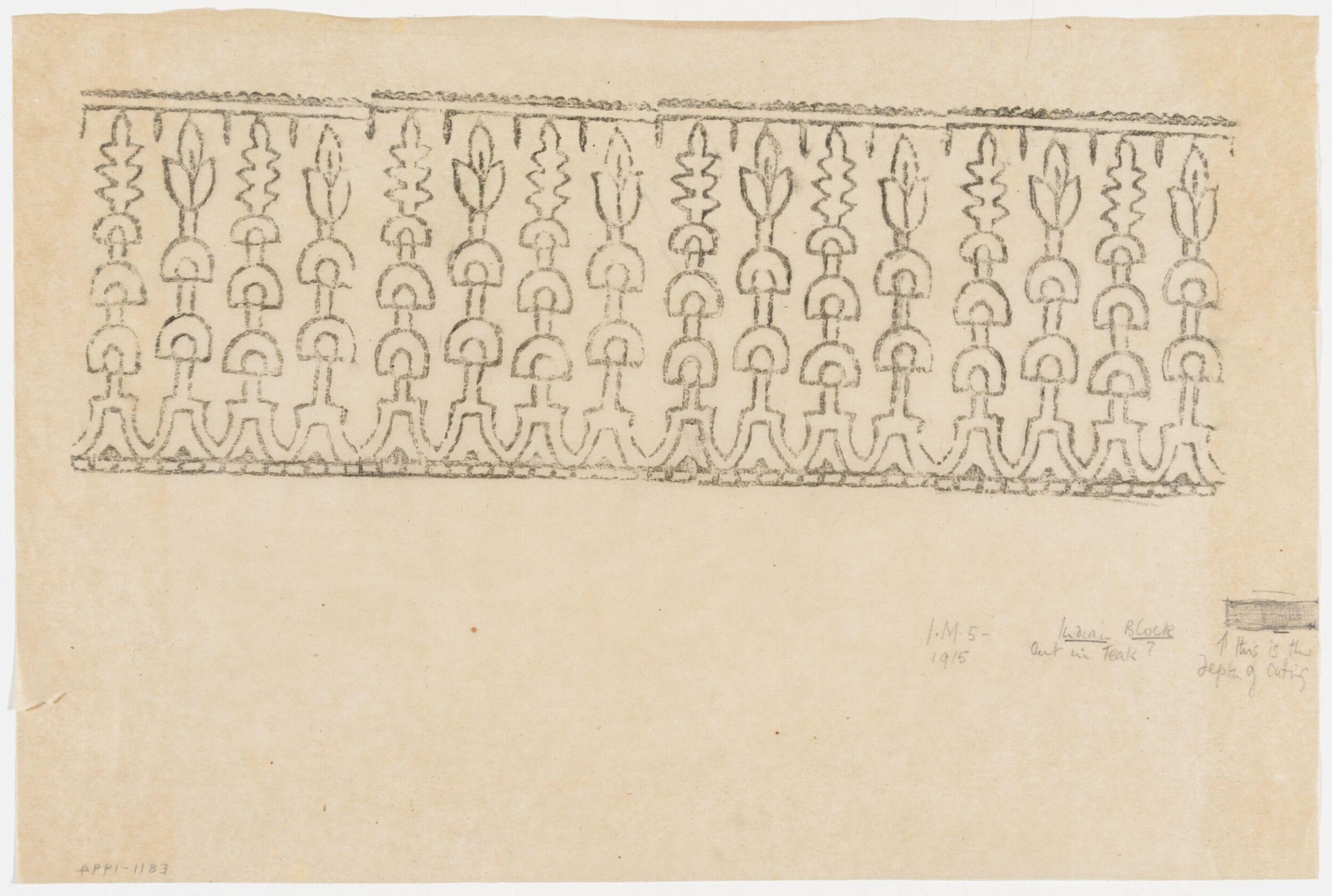 Impression from a wooden printing block, showing a border pattern of a highly stylized floral design., Albert Edward Hayes, 19th century