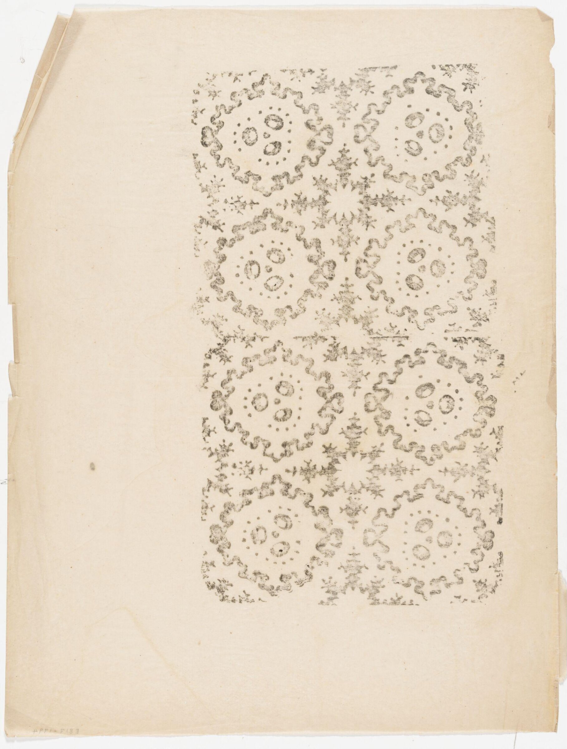 Impression from a wooden printing block, showing snowflake-like forms and circular serpentine ribbons., Albert Edward Hayes, 19th century