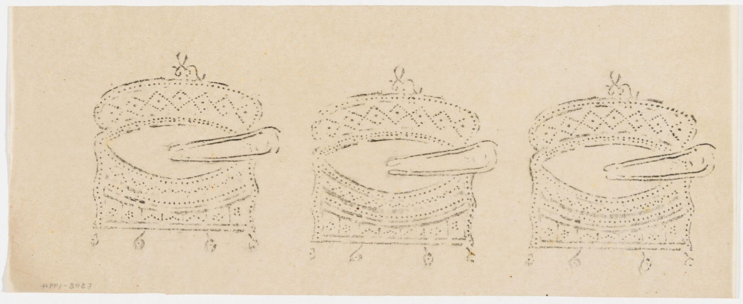 Three impressions from a wooden printing block, showing a bowl and tongs., Albert Edward Hayes, 19th century