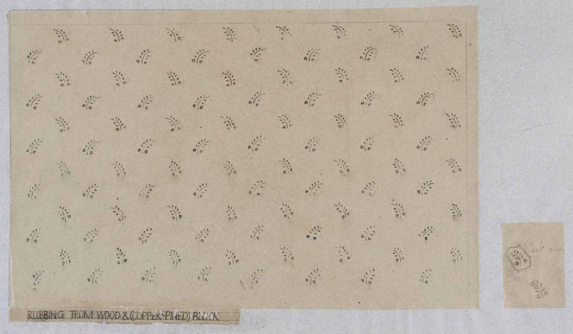 Impression from a wooden printing block, showing stylized stems with six leaves and two fruitlike forms, with another detail of the pattern on the same mount., Albert Edward Hayes, 19th century