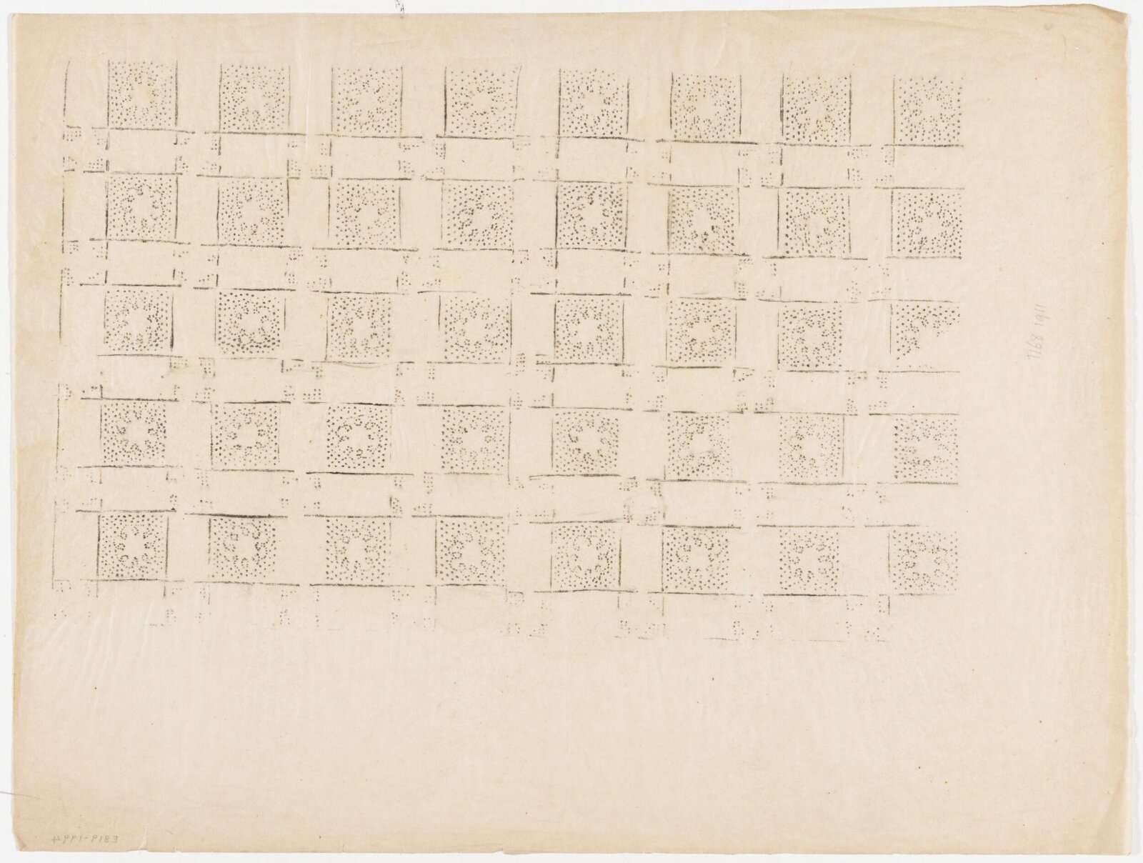 Impression from a wooden printing block, showing a chequered rectangular design with floral insertions., Albert Edward Hayes, 19th century