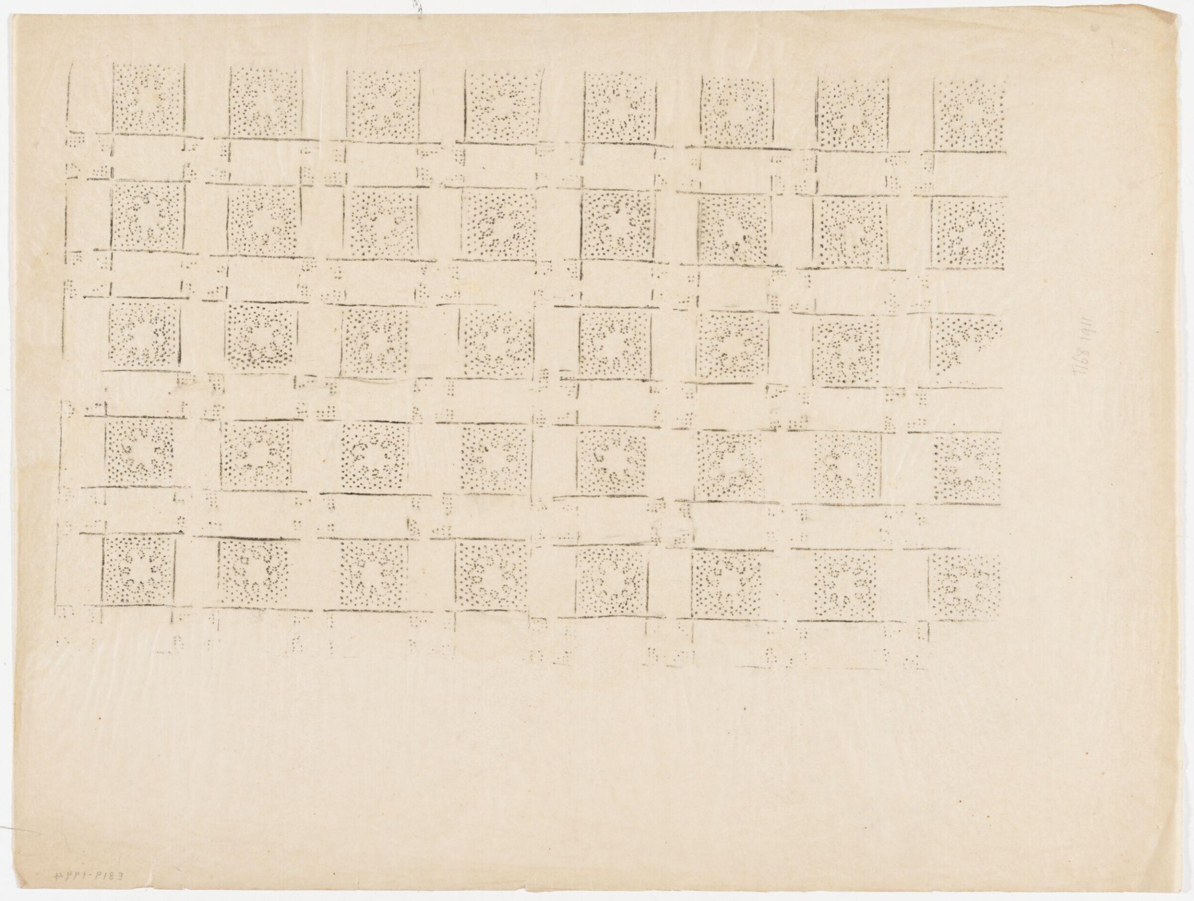 Impression from a wooden printing block, showing a chequered rectangular design with floral insertions., Albert Edward Hayes, 19th century