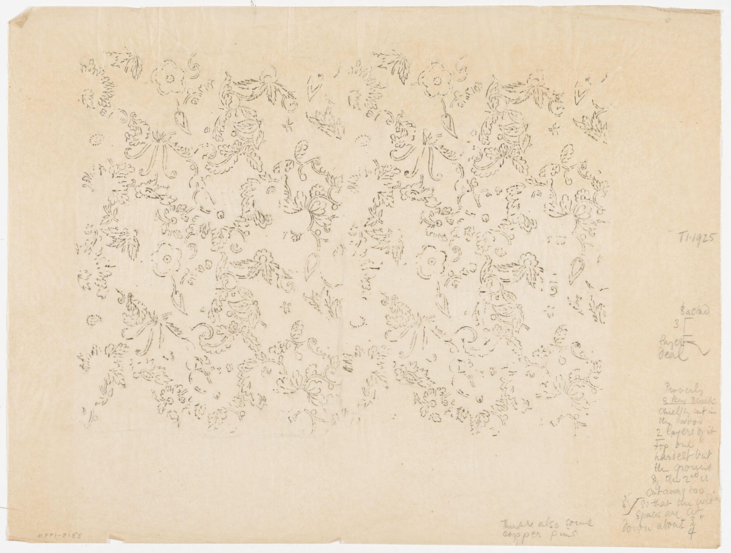 Impression from a wooden printing block, showing a complex stylized floral design composed of Indian flowers., Albert Edward Hayes, 19th century