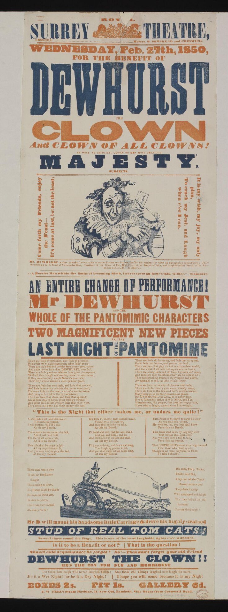 Poster advertising Richard Dewhurst at the Royal Surrey Theatre, 1850 image