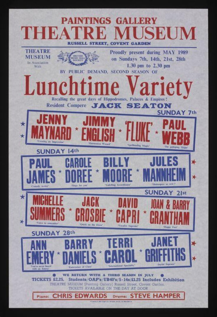 Poster advertising Sunday Lunchtime Variety performances presented by Jack Seaton, Theatre Museum, Covent Garden, May 1989 top image
