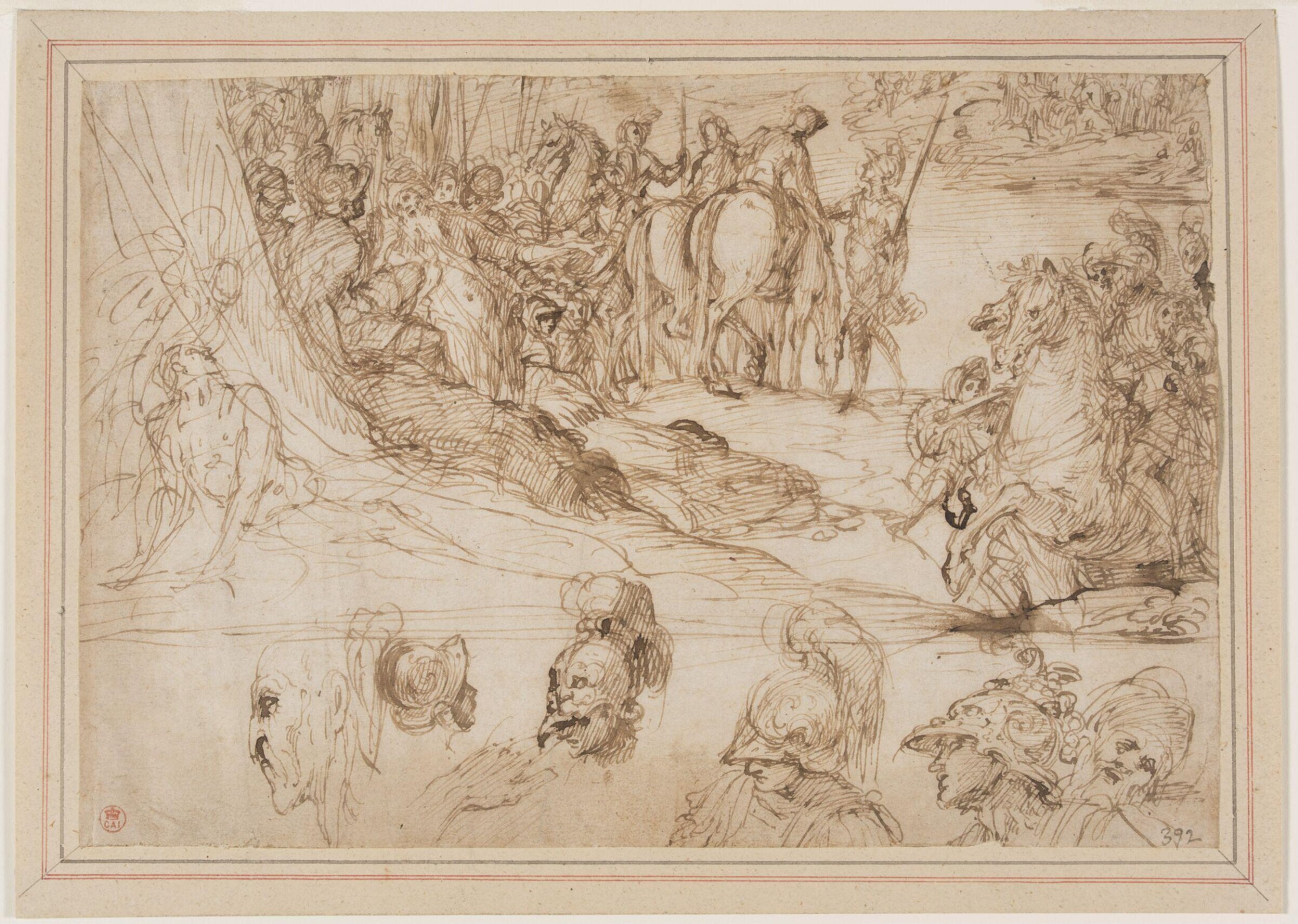 Constantine's dream of the Battle of Ponte Milvio; sketches of soldiers's heads in the foreground, Camillo Procaccini, ca. 1591