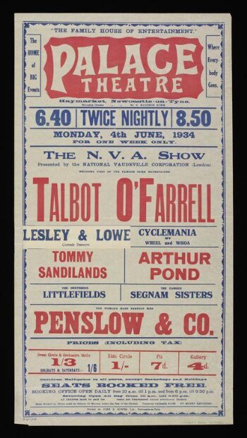 Poster advertising a Variety programme at the Palace Theatre, Newcastle upon Tyne, 4th June 1934