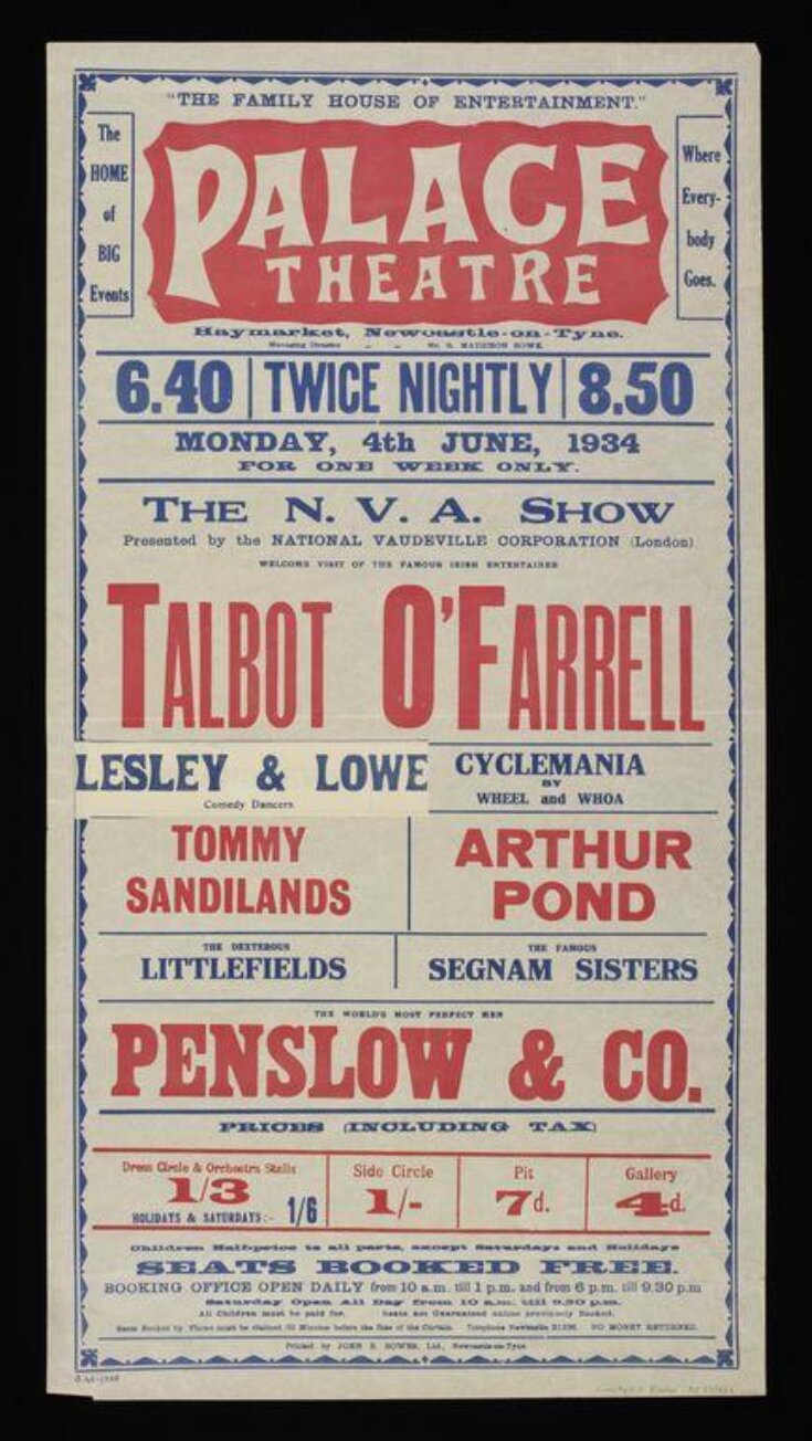 Poster advertising a Variety programme at the Palace Theatre, Newcastle upon Tyne, 4th June 1934 image