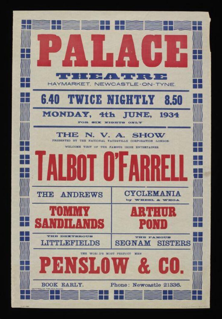 Poster advertising a Variety programme at the Palace Theatre, Newcastle upon Tyne, 4th  June 1934 image