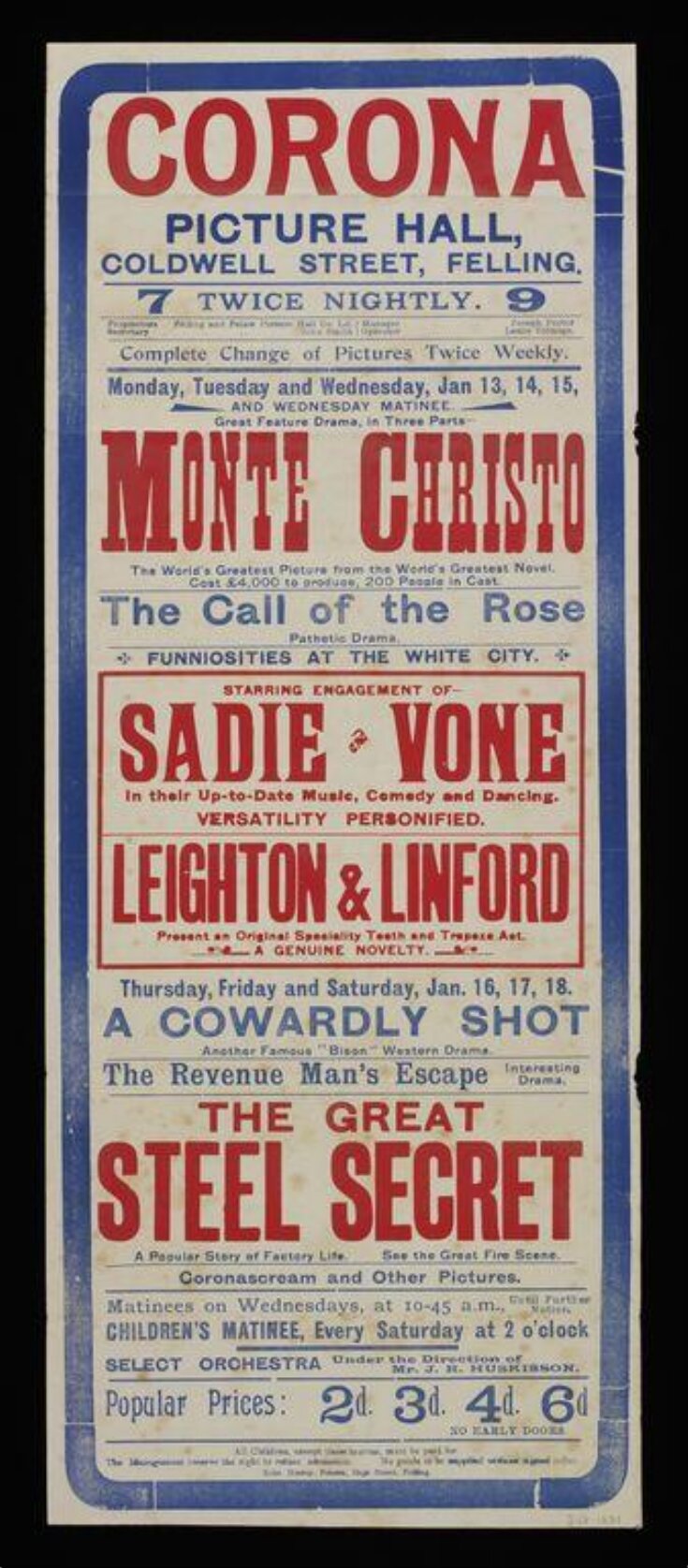 Poster advertising the cinema and Variety programme at the Corona Picture Hall, Felling, for the week beginning Monday 13 January 1913 top image