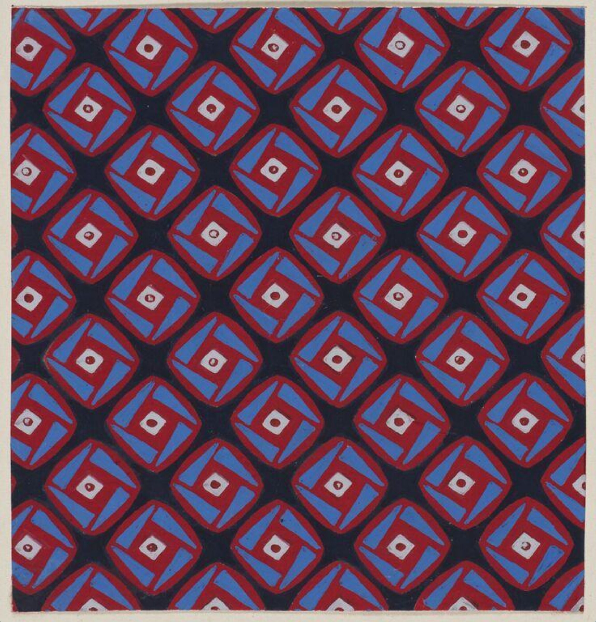 Design of quadrilateral shapes on a black ground containing smaller four-sided figures., Jacob Dimoldenberg, ca. 1930