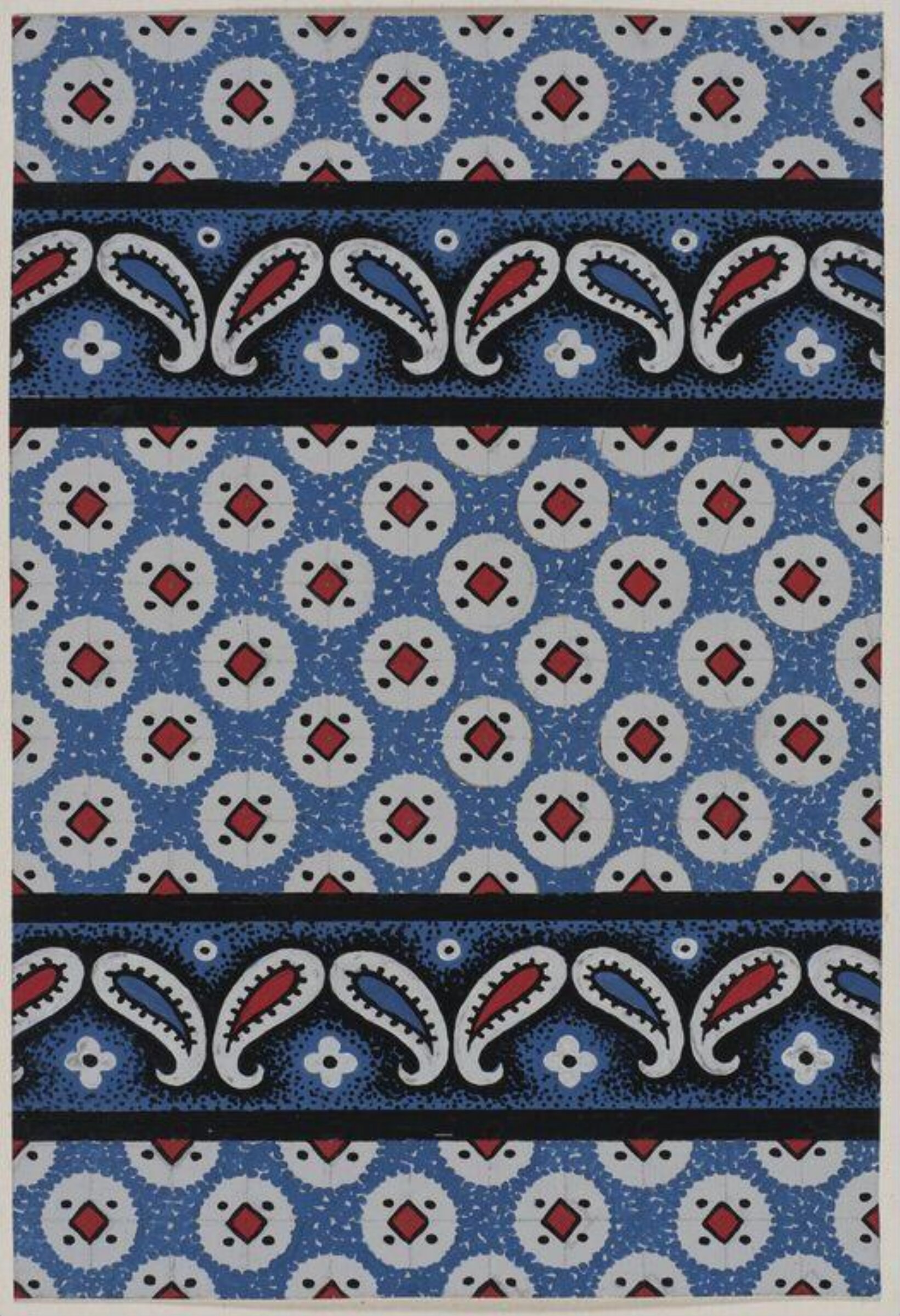 Design of horizontal bands containing Paisley leaf shapes on a ground of small squares and circles., Jacob Dimoldenberg, ca. 1930