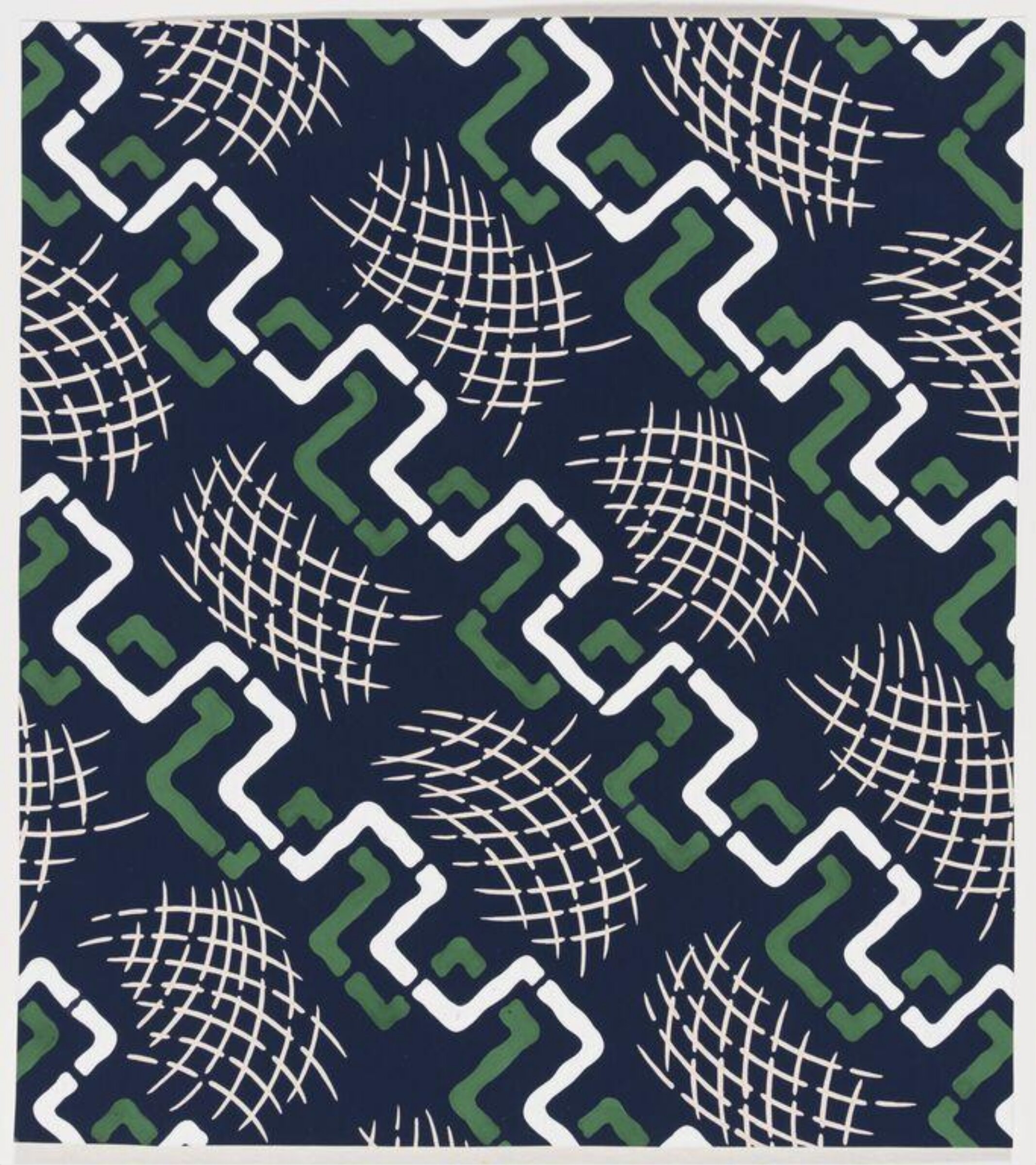 Design of a meander pattern in green and white on a blue ground., Jacob Dimoldenberg, ca. 1930