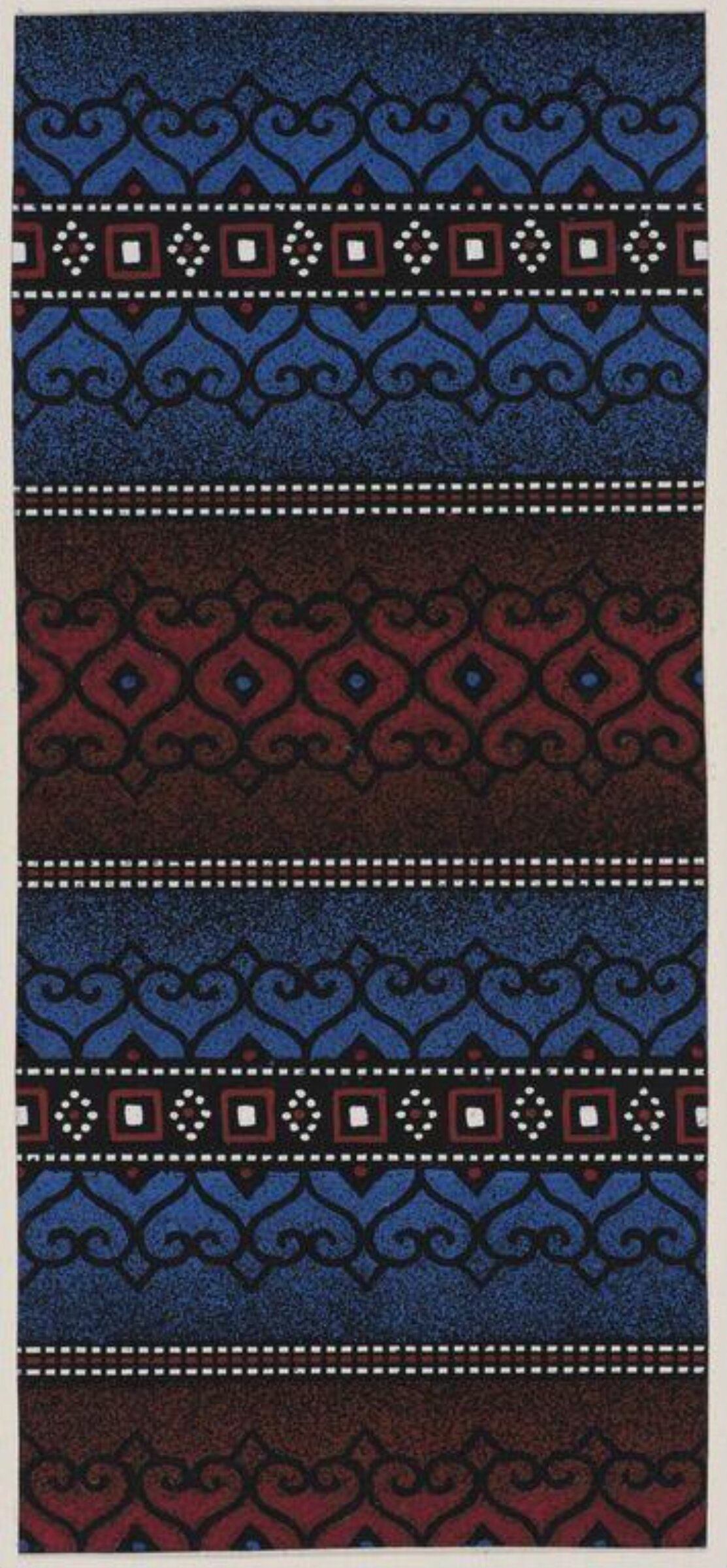 Design of horizontal bands, shading from red to blue, with filigree patterns in black alternating with dotted patterns in white., Jacob Dimoldenberg, ca. 1930