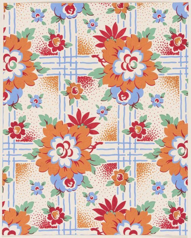 Design of a stylized leaf and floral pattern on a trellis ground. top image